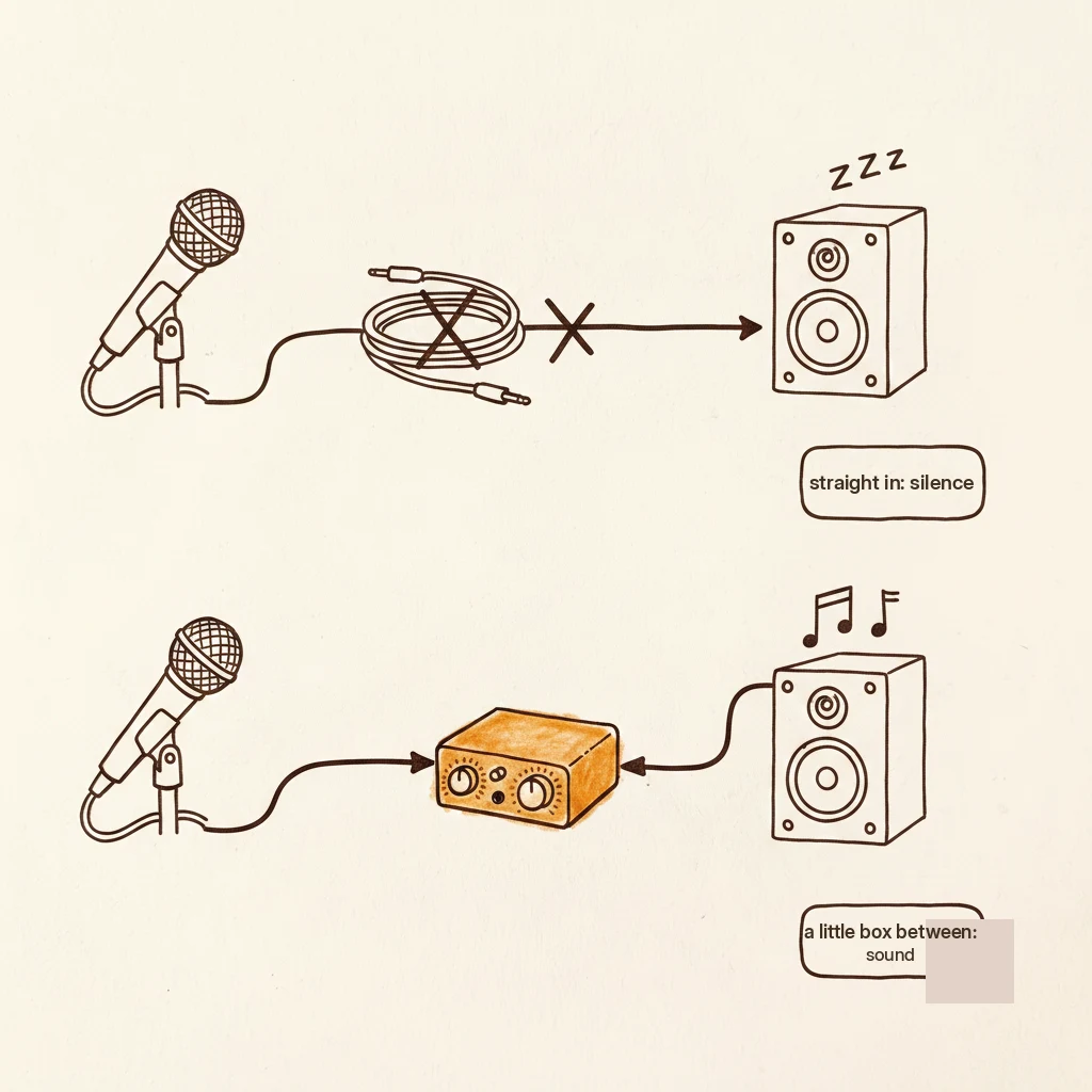 why a microphone plugged straight into a speaker is silent: it needs a small mixer in between