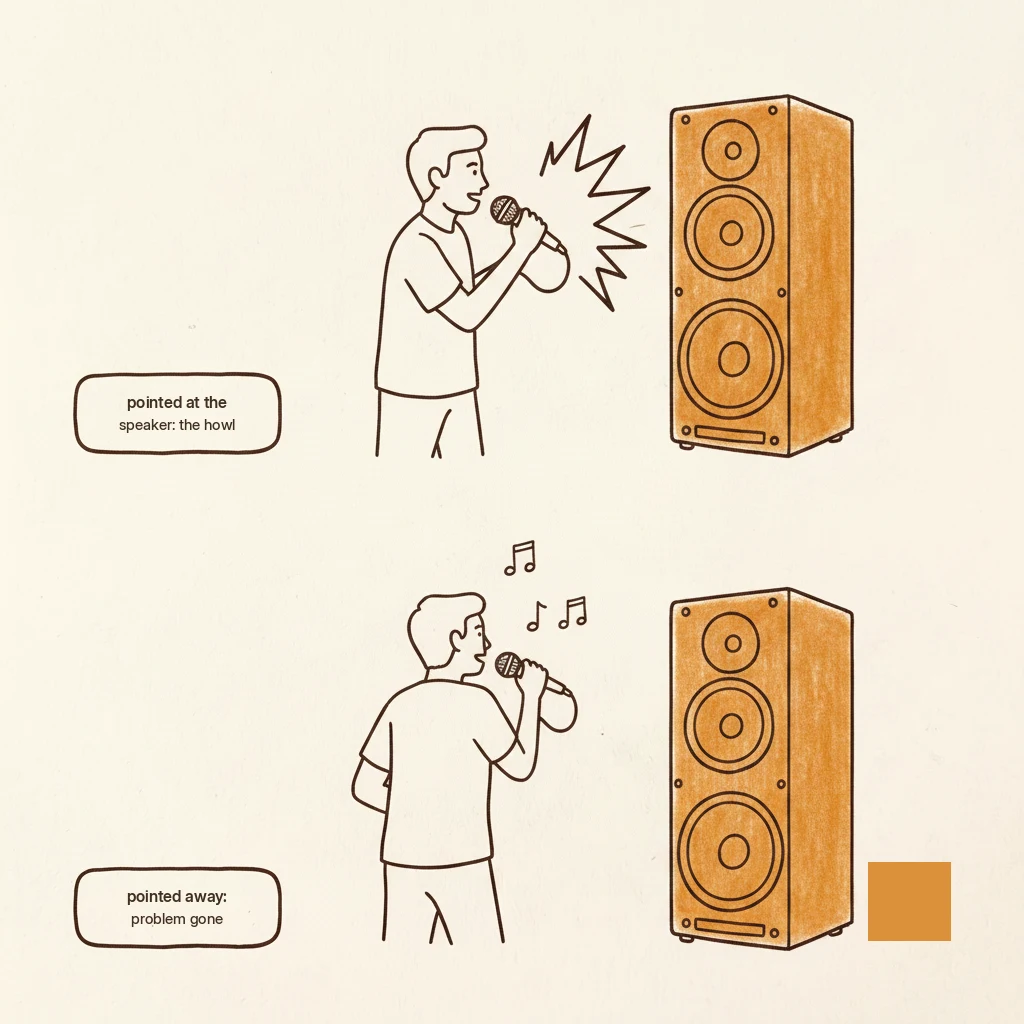 why a karaoke microphone echoes or squeals: mic and speaker positioning