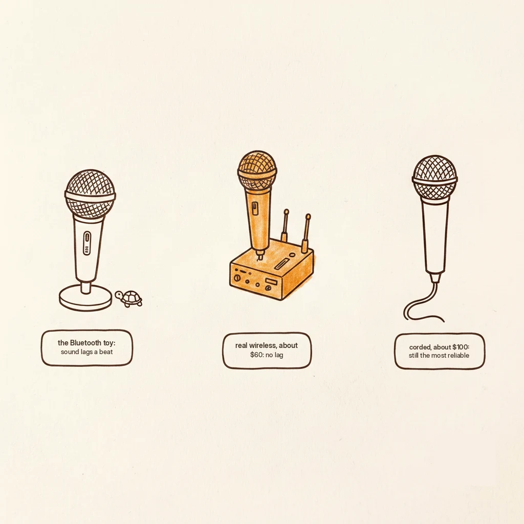 cordless microphone for singing: bluetooth toy with lag, real wireless with a receiver, or corded