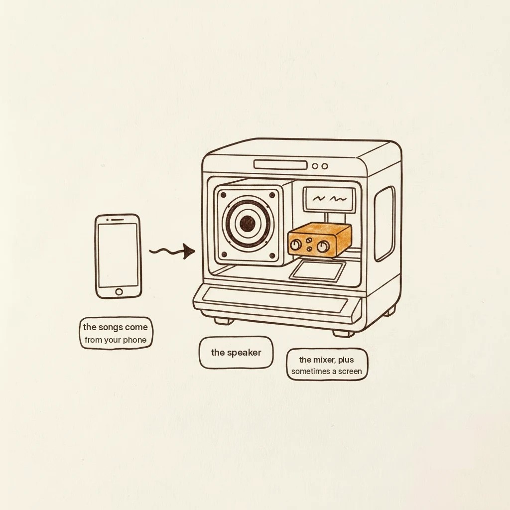 how a karaoke machine works: speaker, mixer, and where the songs come from