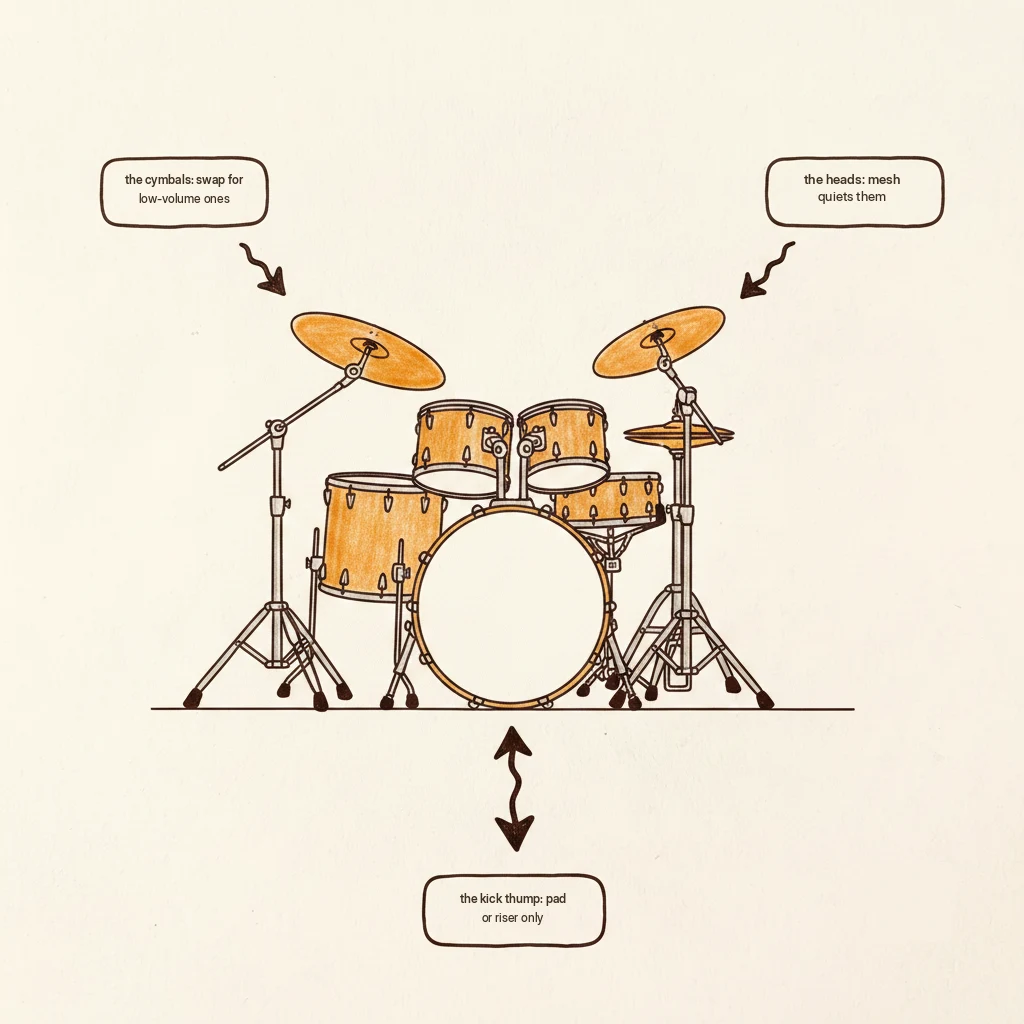 how to make a drum set quiet: mesh heads, low volume cymbals, and the kick