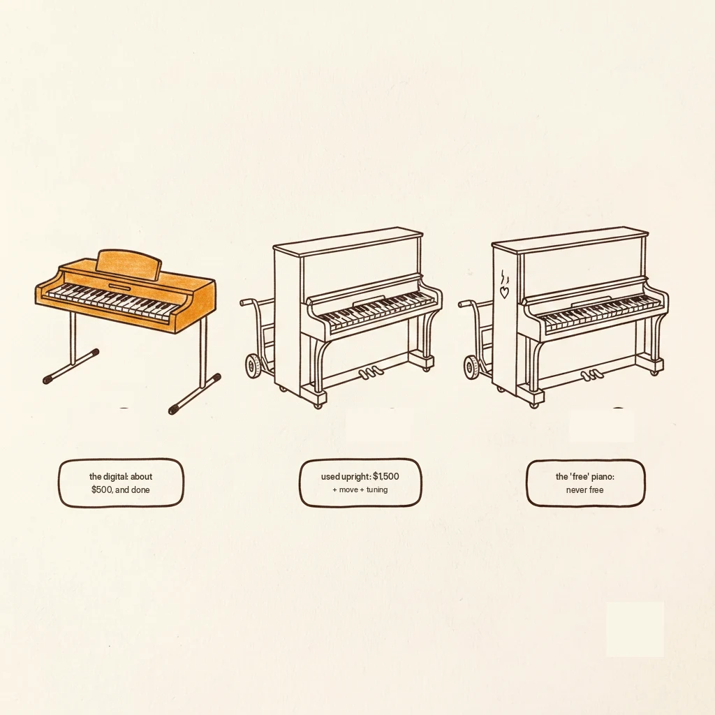 what a piano really costs over three years: digital, used upright, and the free piano