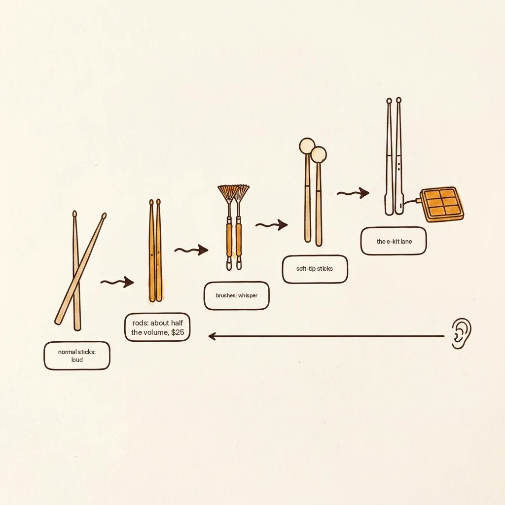 quiet drumstick options from rods to e-kits, by loudness and price