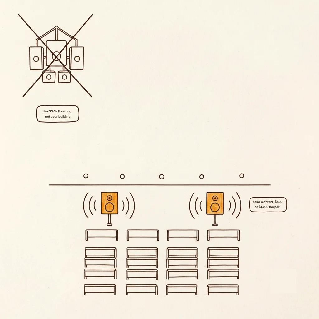 church speaker placement: powered speakers on poles in front of microphones