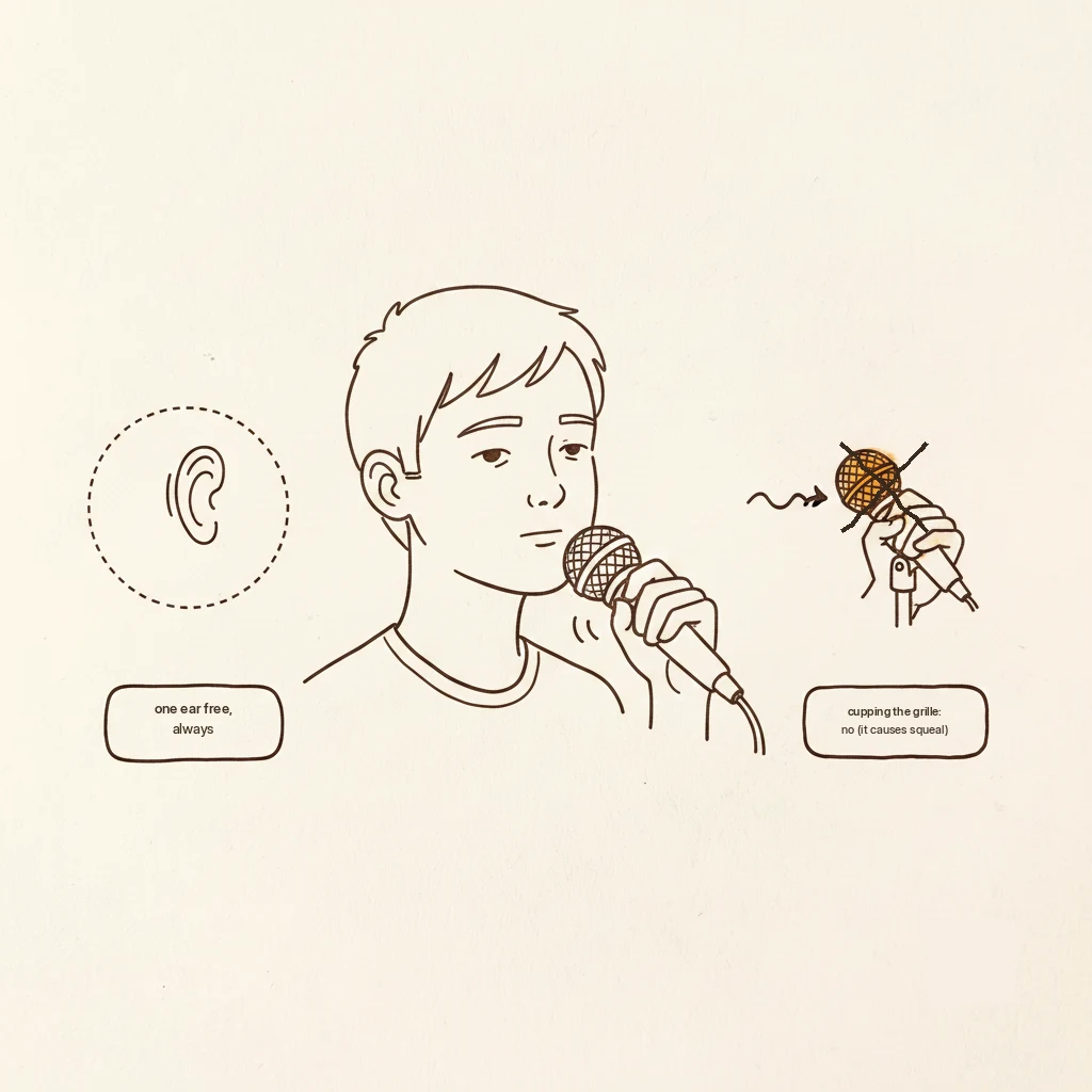 how to sing with a microphone: ear free, mic at chin, don't cup