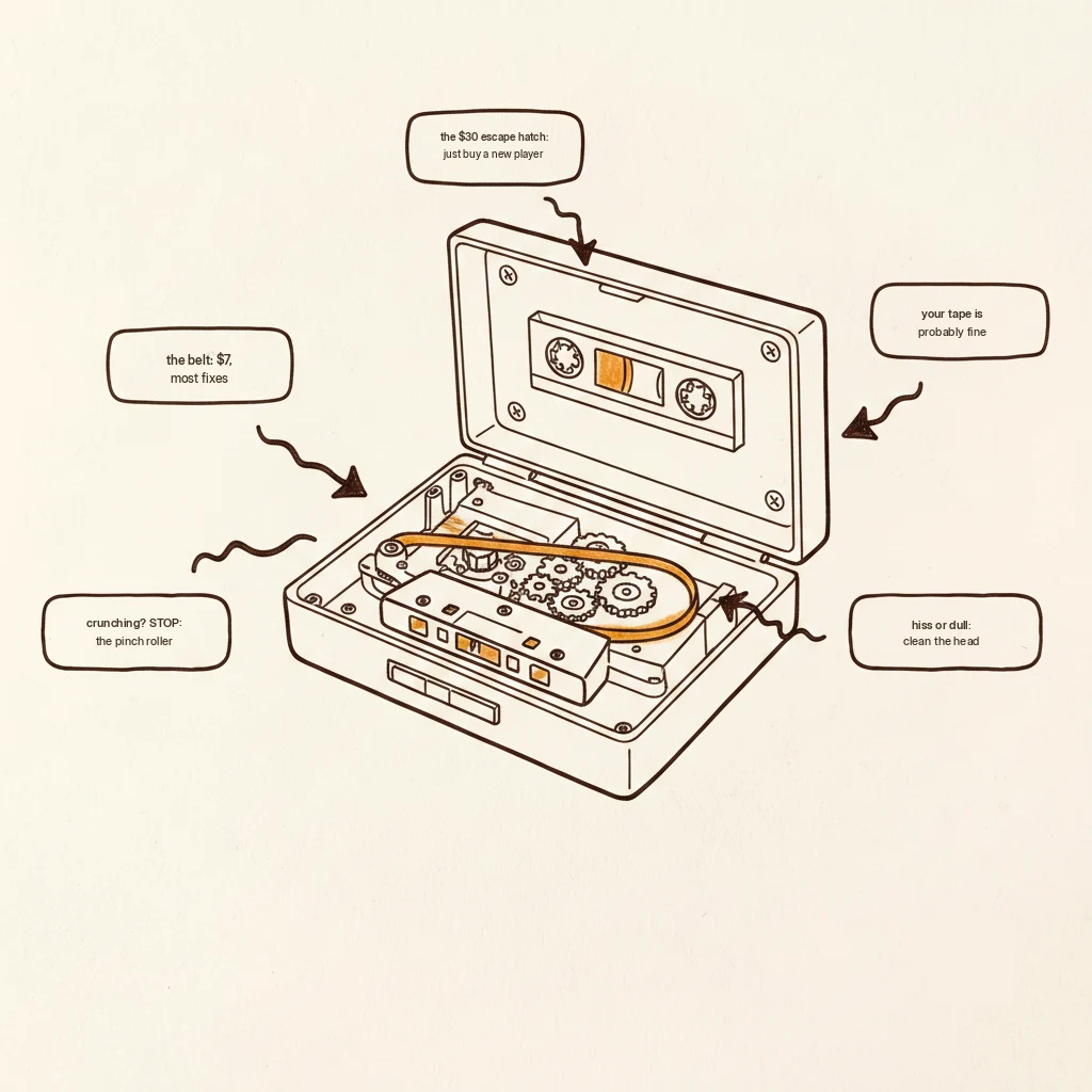 cassette player repair: belt symptoms and the seven dollar fix