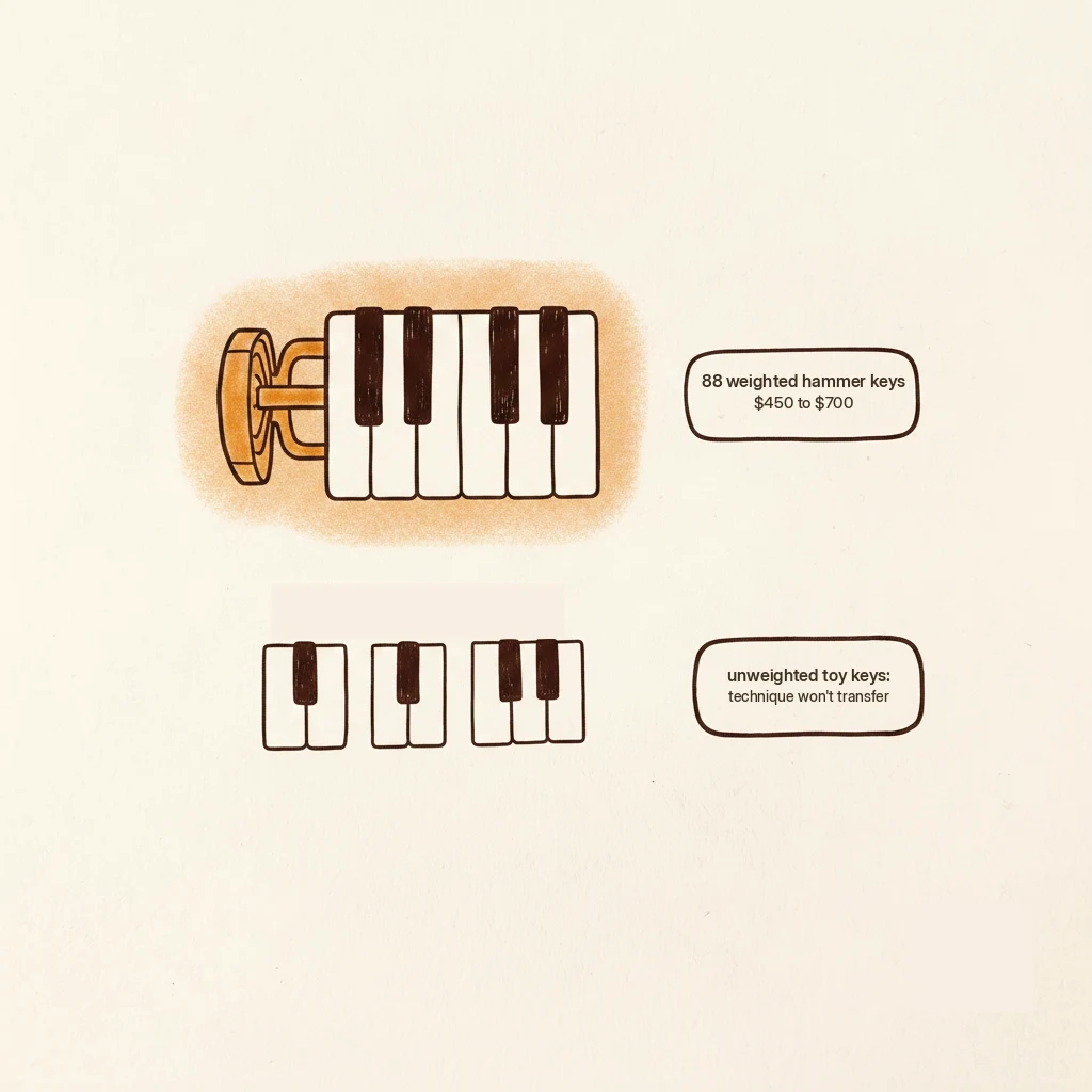 weighted hammer keys vs unweighted toy keys, the real dividing line for a beginner piano