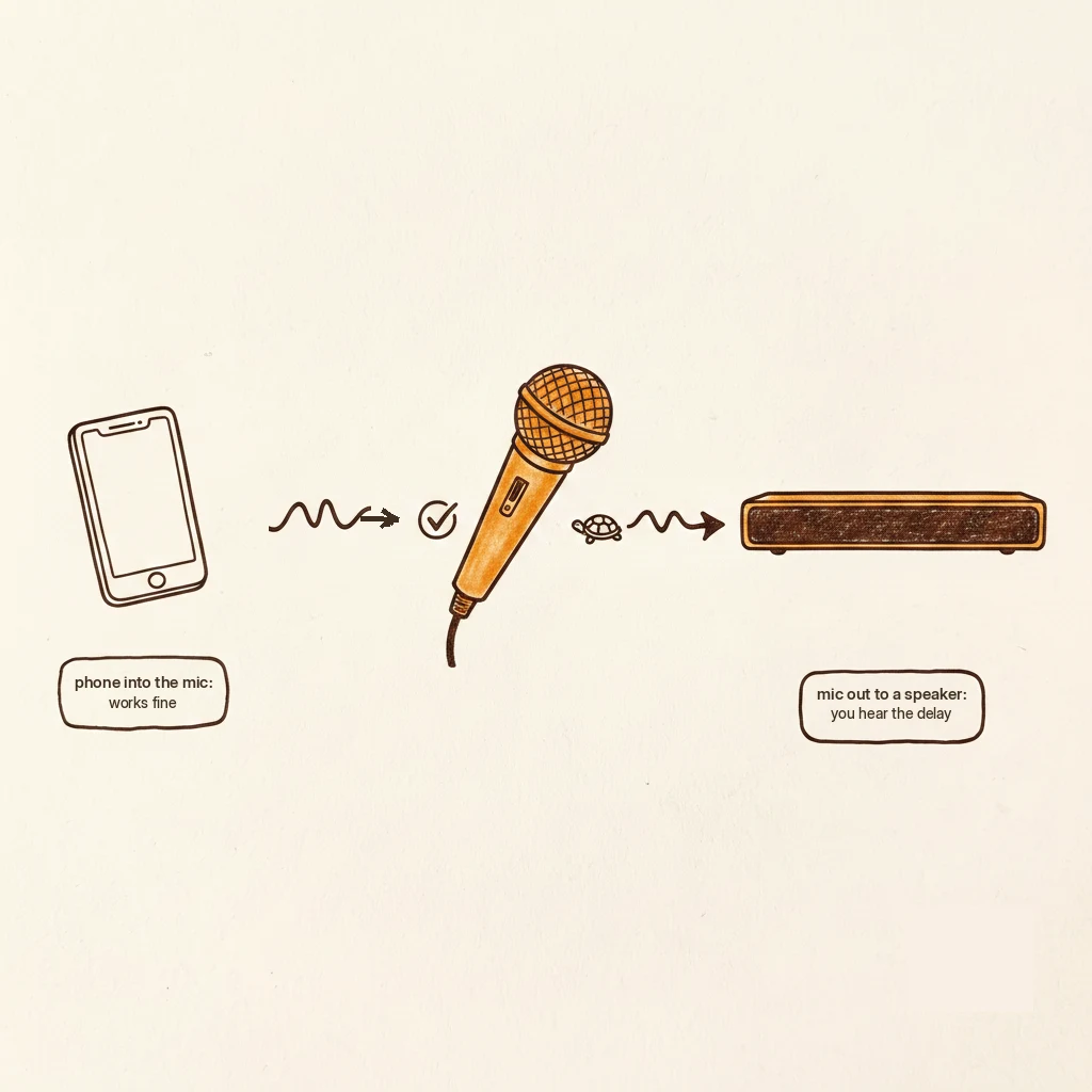 bluetooth karaoke mic: music in from the phone is fine, voice out to a speaker lags