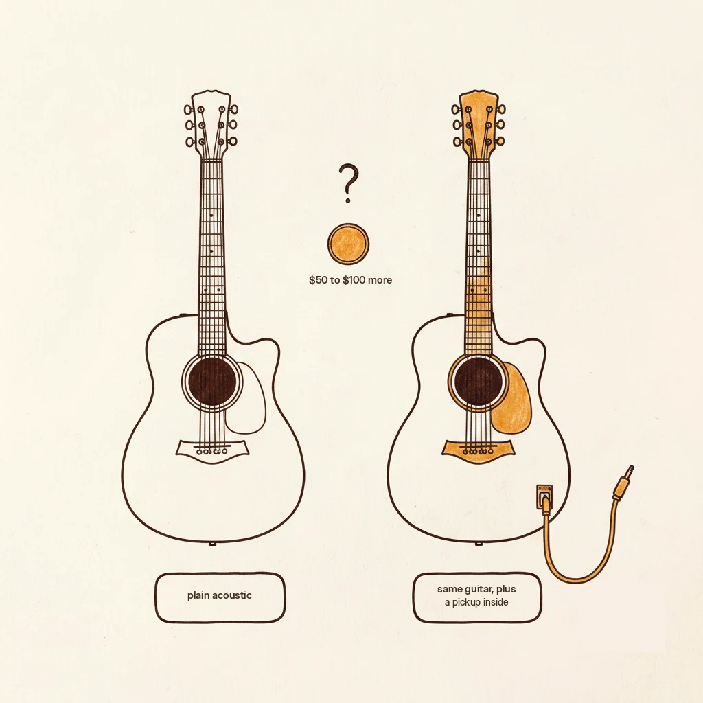 acoustic vs acoustic-electric: the same guitar plus a pickup for 50 to 100 dollars more