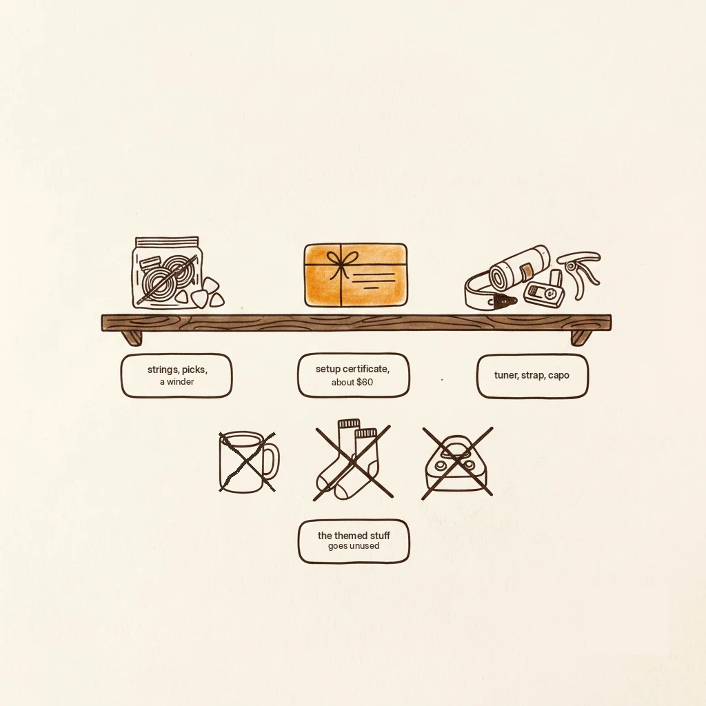 safe gifts for guitar players: consumables, a setup certificate, accessories, never the mug