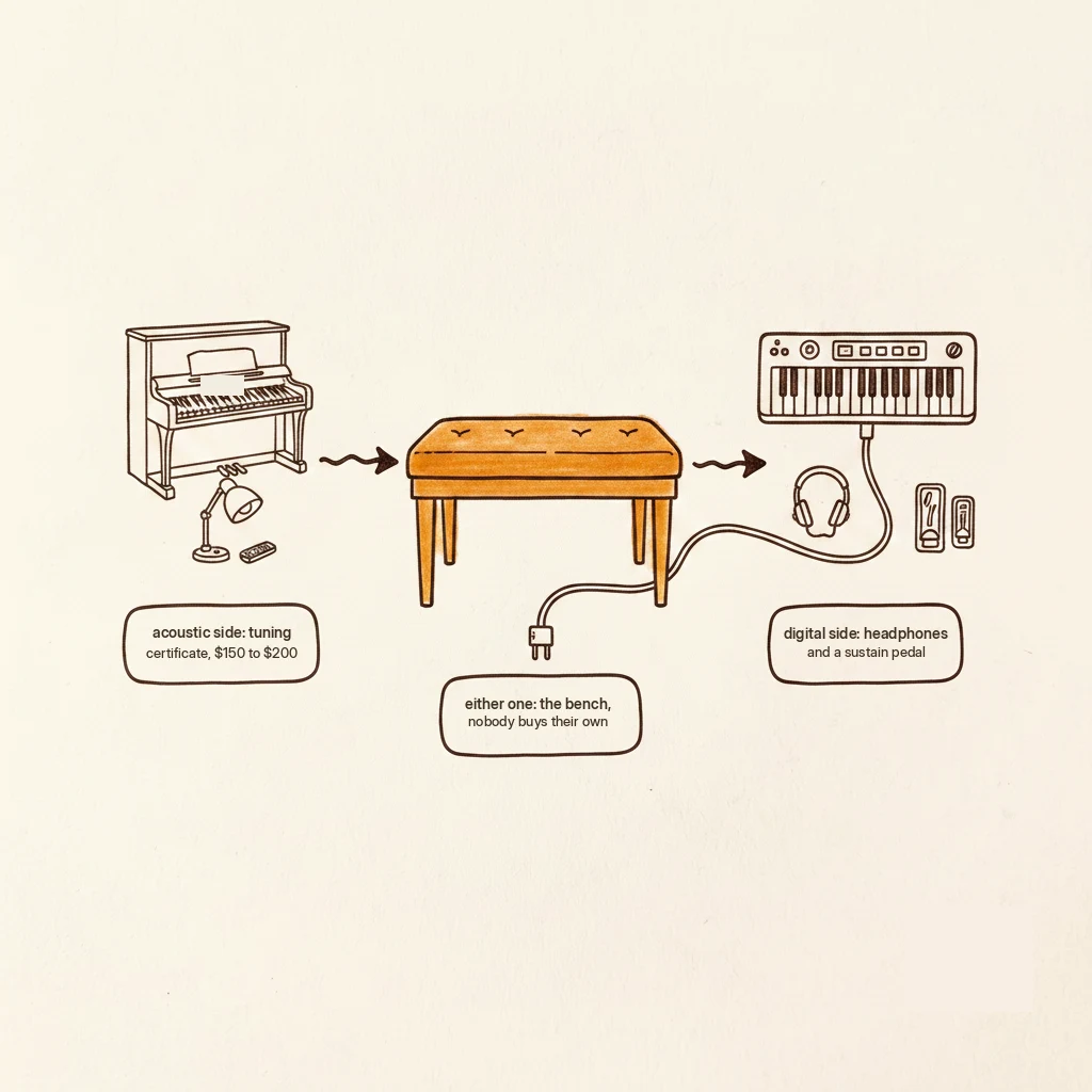 gifts for piano players: tuning certificate for acoustic, headphones for digital, the bench for both