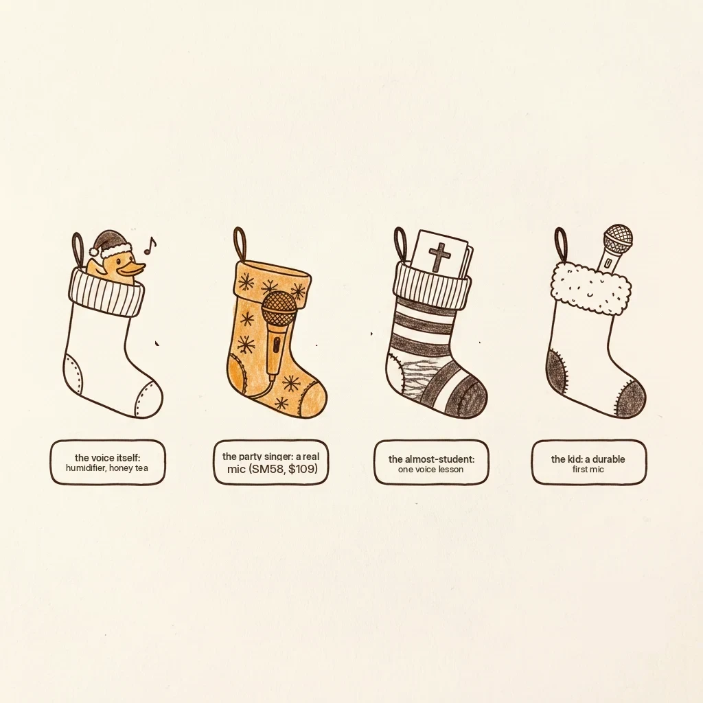 four stockings of singer gifts: voice care, a real mic, a voice lesson, a kid's first mic