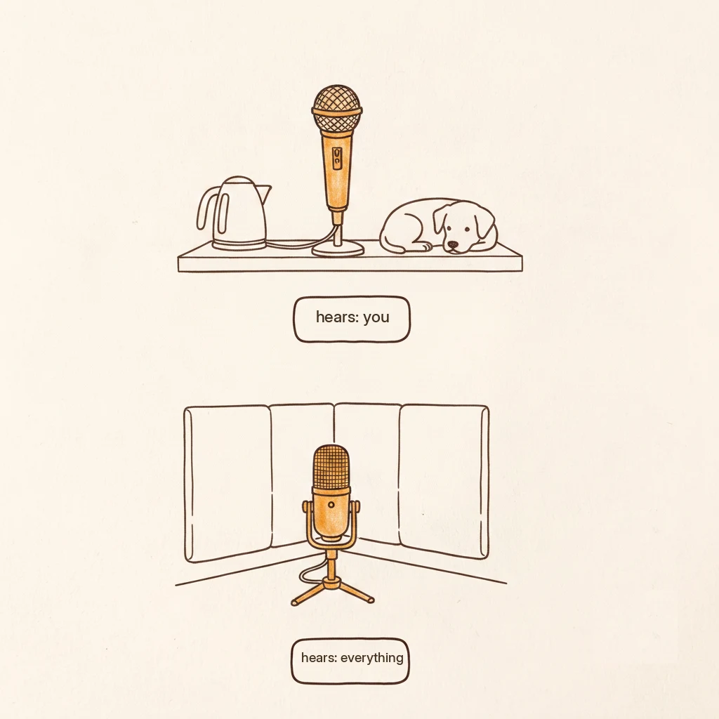 dynamic mics forgive a normal room, condenser mics hear the whole house