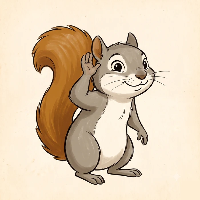 Dizzy the squirrel, paw cupped to his ear, listening